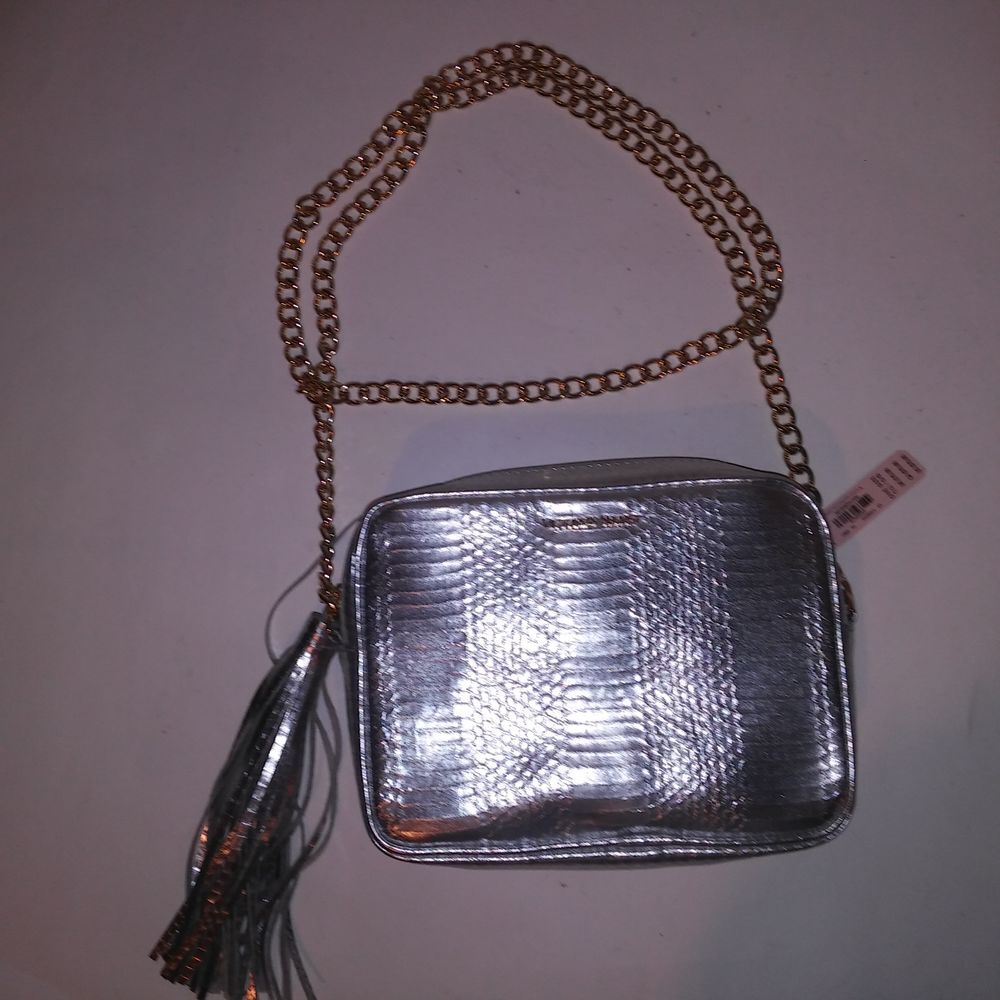Victoria Secret Purse Shoulder Bag Silver Snakeskin Print Gold Chain Metallic - Picture 2 of 11